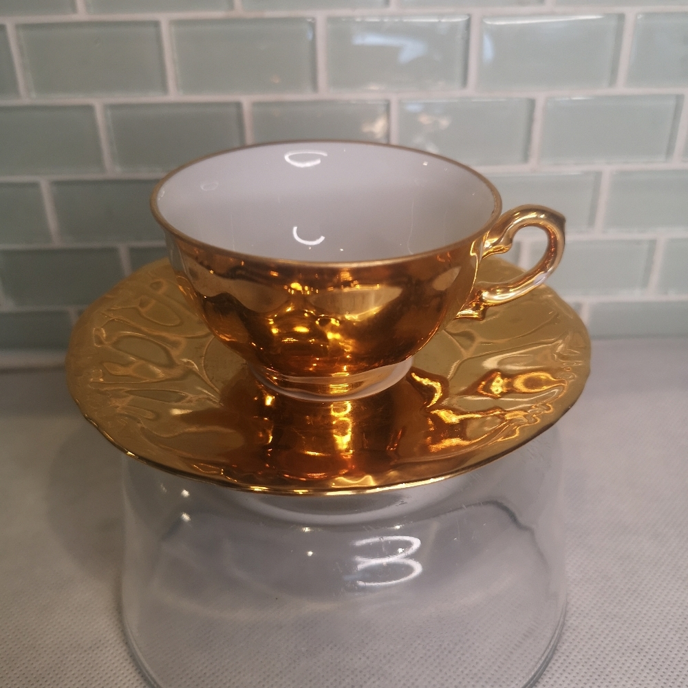Vintage Bavaria Germany Gold Painted Tea Cup & 5" Wide Matching Saucer, Stamped